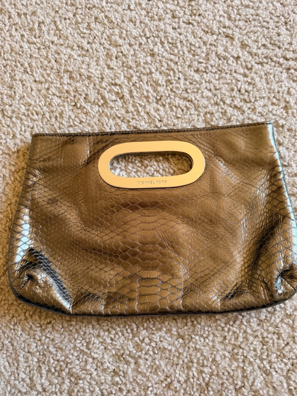 Michael Kors Bronze Croc-Embossed Leather Clutch with Gold Handle